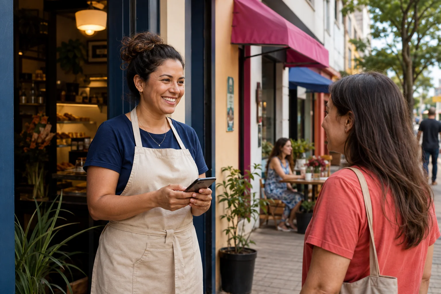 Comerciante atendendo uma cliente na porta de seu estabelecimento